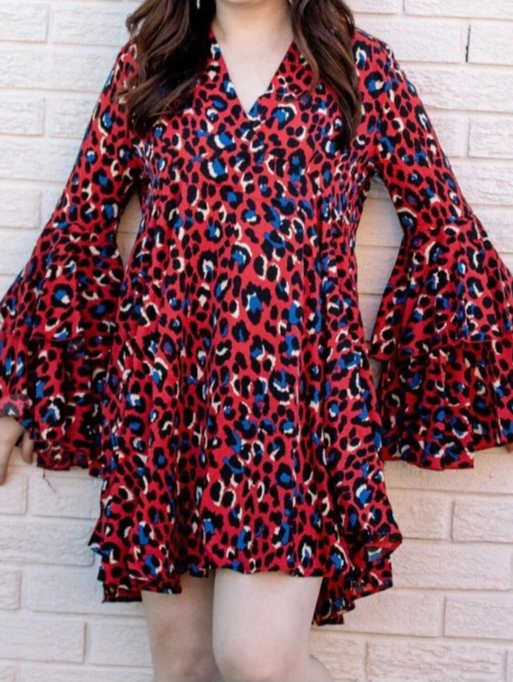Umgee Red Leopard Print Mini Dress with Bell Sleeves